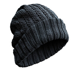 A black knit hat with a black band