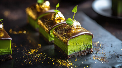 Luxurious green matcha dessert with chocolate glaze and edible gold decoration served on dark slate plate, showcasing elegant and rich gourmet pastry presentation