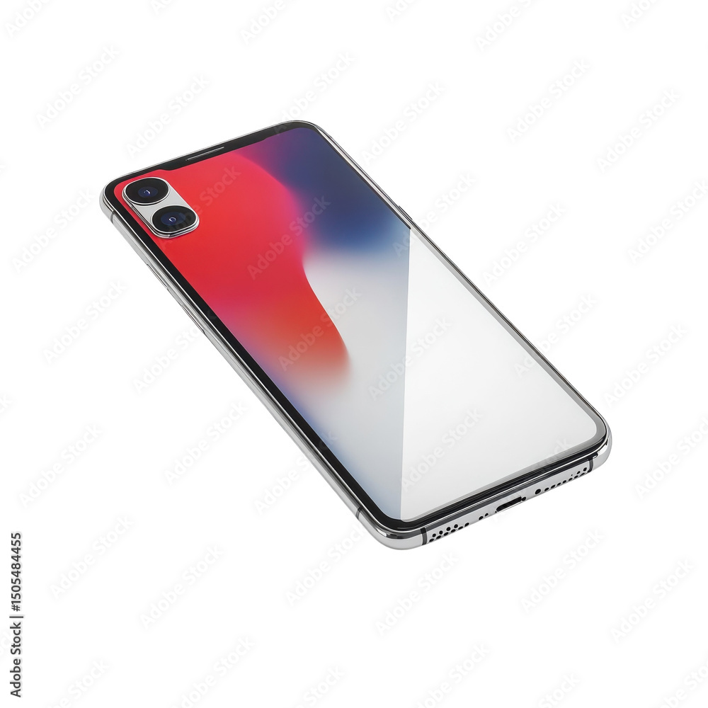 Poster sleek silver smartphone showcasing a vibrant blurred gradient display on a on transparent background