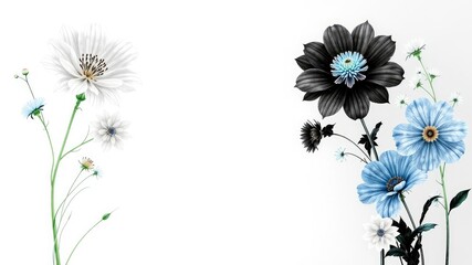 Abstract Flower Designs:  Trio of White, Black, and Blue Blossoms