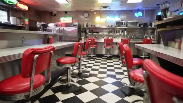 Retro Diner Interior With Red Stools and Checkered Floor