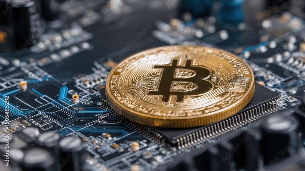 Poster a shiny bitcoin coin rests on a computer motherboard, symbolizing cryptocurrency and digital technol