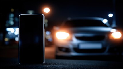 A smartphone stands on a dark road at night with a car and blurred city lights in the background.