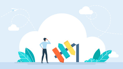 Obraz premium No landmarks. Entrepreneur chooses the path. A man is thinking near the direction indicator. Businessman in front of a choice, chooses the path. Businessman is thinking. Vector illustration