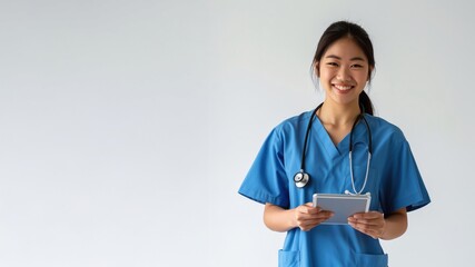 Confident young nurse with tablet celebrating National Public Health Week. Technology and care concept.  
