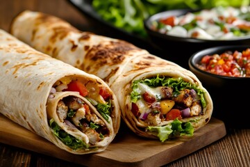 Delicious tortillas filled with grilled chicken, vegetables and cheese lying on wooden board