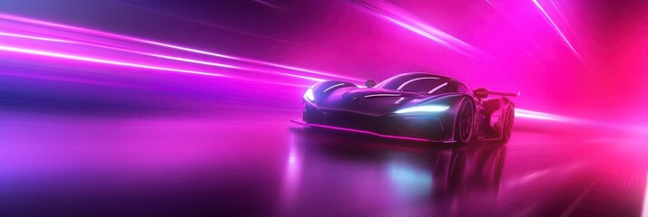 Futuristic car racing in vibrant neon lights at high speed