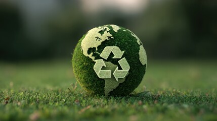 A green earth globe with a recycle symbol on a grass field promoting sustainability ideas