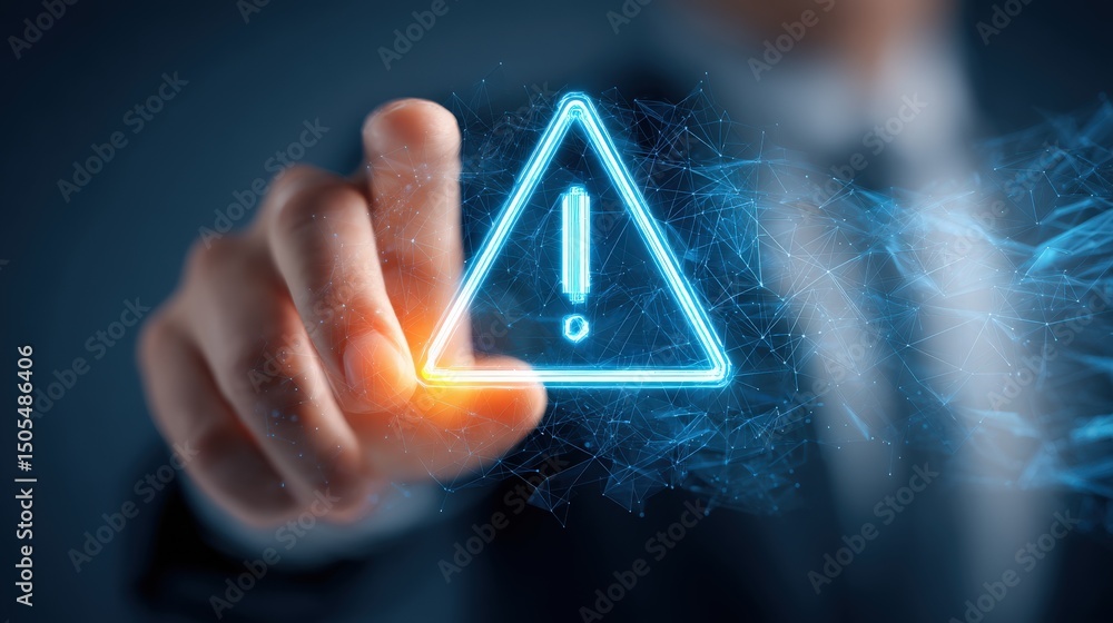 Poster a person points to a glowing digital warning sign with an exclamation mark, symbolizing caution or a