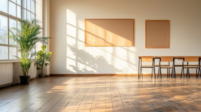 Brightly lit classroom with wall-mounted educational aids