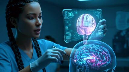 Medical professional performing a futuristic brain surgery using holographic technology in a lab - Powered by Adobe