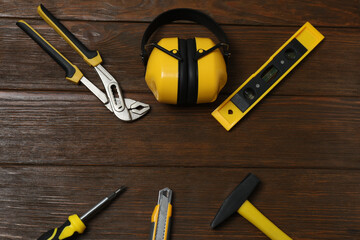 Set of tools for repair. Hammer pliers screwdriver angle pliers adjustable wrench. Many tools	