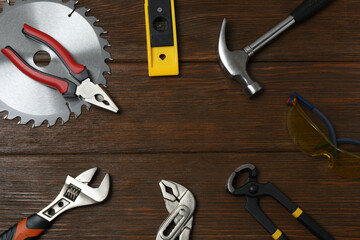 Set of tools for repair. Hammer pliers screwdriver angle pliers adjustable wrench. Many tools 
