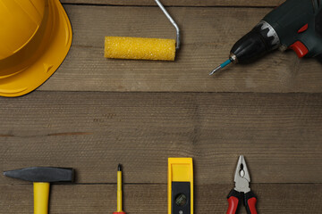 Set of tools for repair. Hammer pliers screwdriver angle pliers adjustable wrench. Many tools 