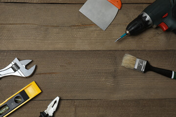 Set of tools for repair. Hammer pliers screwdriver angle pliers adjustable wrench. Many tools 