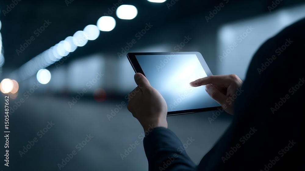 Aufkleber a person using a tablet in a dimly lit environment. the glow from the screen contrasts with the dark