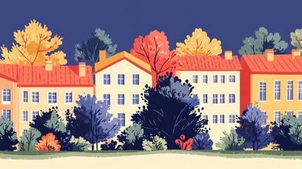 Colorful buildings surrounded by autumn trees in a vibrant landscape.