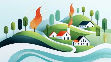 Colorful landscape with hills, trees, and houses in an artistic style.