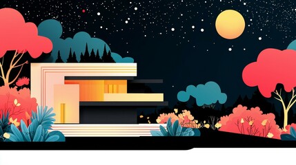 Modern house illustration under a starry sky with colorful trees.
