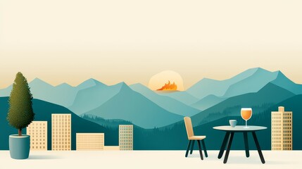 Modern cityscape with mountains and sunset, featuring outdoor seating.