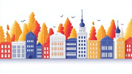 Colorful cityscape with autumn trees in a linear design.