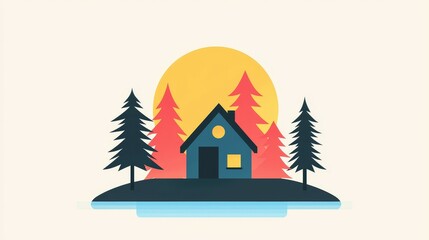 Illustration of a house surrounded by pine trees and a sunset backdrop.