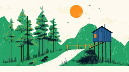 Colorful house on stilts surrounded by trees and mountains under a sun.