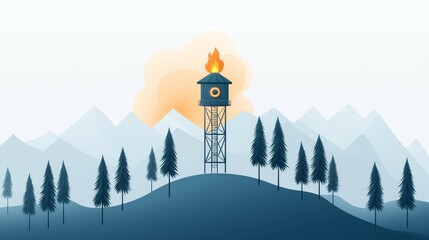Fire tower amidst mountains and trees in a stylized landscape illustration.