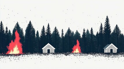 Burning cabins amidst dark forest trees.