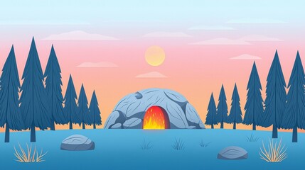 Serene landscape with a cave, pine trees, and a sunset backdrop.