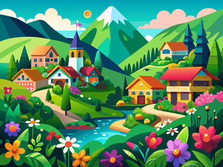 vector of Green mountain village. full of vibrant flowers and beautiful springs...
