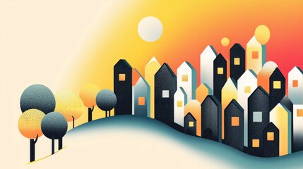 Colorful abstract village landscape with stylized buildings and trees.