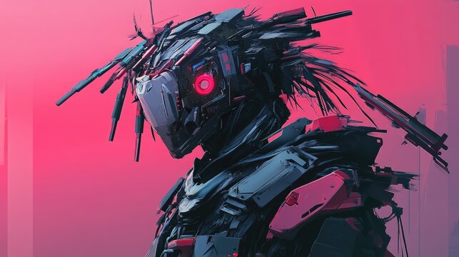 Cyberpunk robot with messy, dark hair and glowing red eyes, in a pink-hued setting