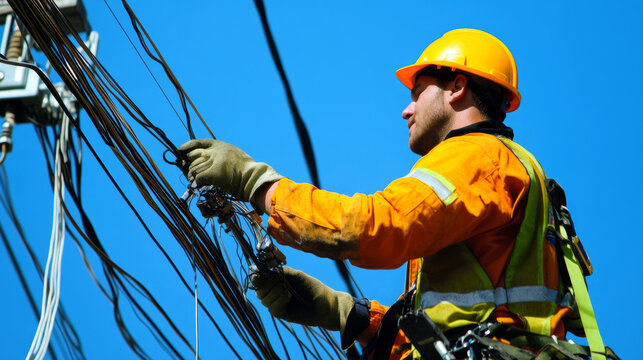 Electrical worker fixing power lines urban setting action shot clear sky close-up electrical safety awareness