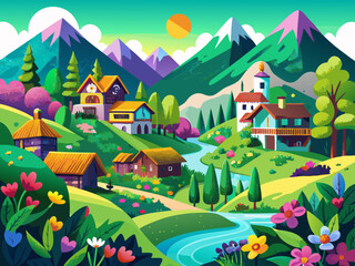 vector of Green mountain village. full of vibrant flowers and beautiful springs...