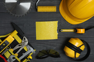 Set of tools for repair. Hammer pliers screwdriver angle pliers adjustable wrench. Many tools 