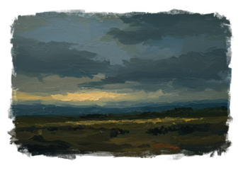 Oil painting of a landscape with a cloudy sky at sunset or sunrise