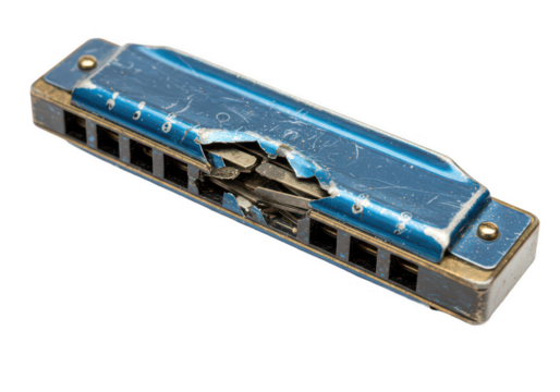 Broken blue harmonica isolated on transparent background, damaged instrument