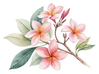 Fototapeta premium Watercolor illustration of a blooming plumeria branch with pink and yellow flowers