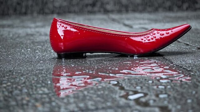 Red Elegance in the Rain: A single, vibrant red shoe reflects in the rain, creating a compelling visual of urban fashion, drenched in a moment of poignant solitude.