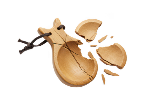 Broken wooden spoon with pieces isolated on transparent background