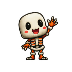 Fototapeta premium Cute little waving skeleton in orange and white, cartoon puffy drawing