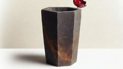   Black vase with red flower protruding, white background