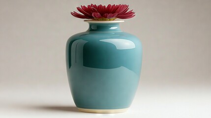  Large blue vase with red flower at center on light gray background