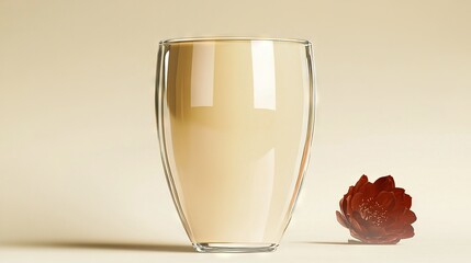   A glass of milk alongside a vase with a red flower on its side