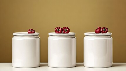   Three white canisters with a red pepper on top and a white canister with a red pepper