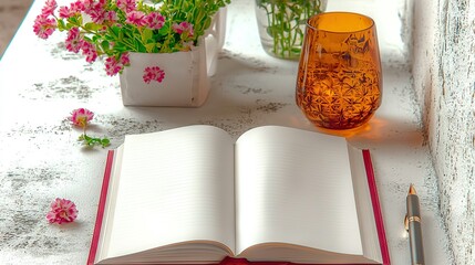   An open book sits atop a table beside a cup of coffee, pen, and vase of flowers