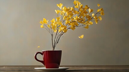   A cup holding yellow blossoms rests atop a wooden table alongside a vase brimming with the same hue