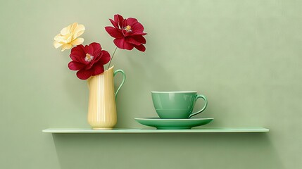   A cup and saucer rest on a shelf, adorned with a vase of flowers and a saucer nestled inside