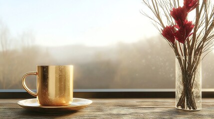   A cup and saucer rest atop a wooden table alongside a vase brimming with flowers and a filled glass of water